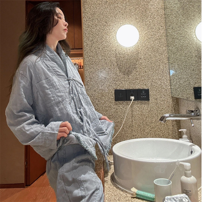 Dream Pajamas for Women, Spring, Autumn, and Winter, Pure Cotton Gauze, New Chinese Style Embroidery, Long Sleeve, Blue, Loose Home Wear Set Dream Pajamas for Women, Spring, Autumn, and Winter, Pure Cotton Gauze, New Chinese Style Embroidery, Long Sleeve, Blue, Loose Home Wear Set