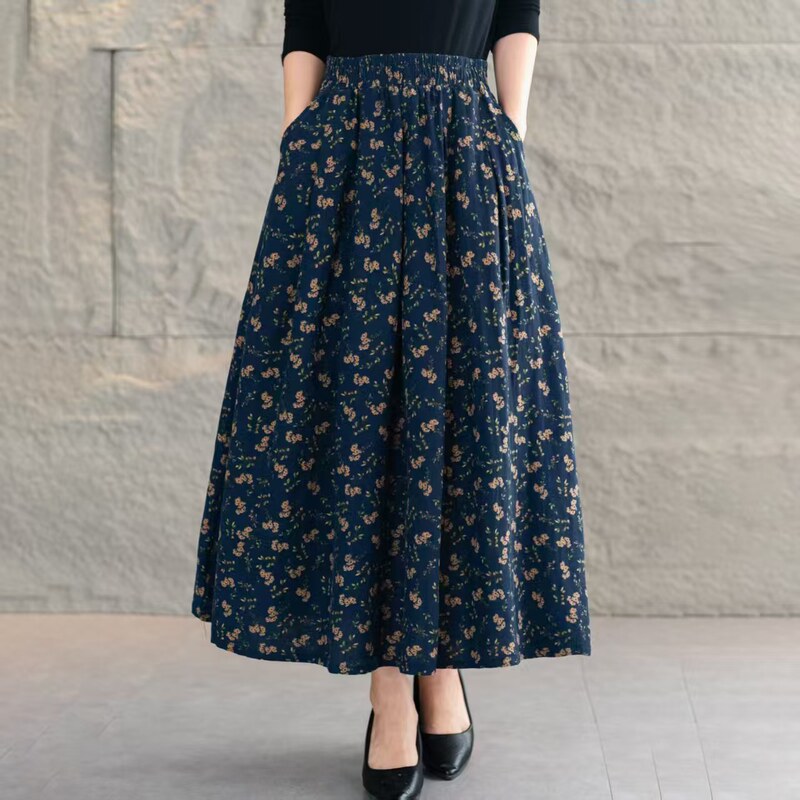 Floral Cotton and Linen Skirt for Women, Summer Fashion, Versatile, Slimming, Elegant Long Skirt, High-Waisted, Elastic A-Line Skirt with a Large Hem