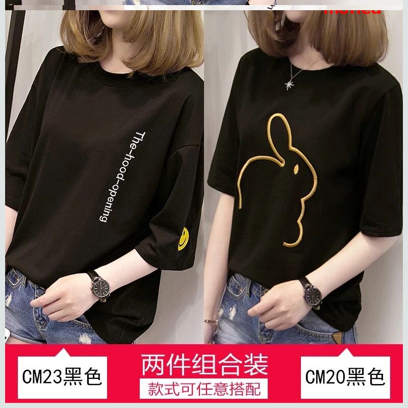 phụ nữ cotton t-shirt của phụ nữ màu đen ngắn tay 2020 mới giữa tay áo in triều Hàn Quốc phiên bản của chiếc áo khoác loose-fitting chiếc váy mùa hè