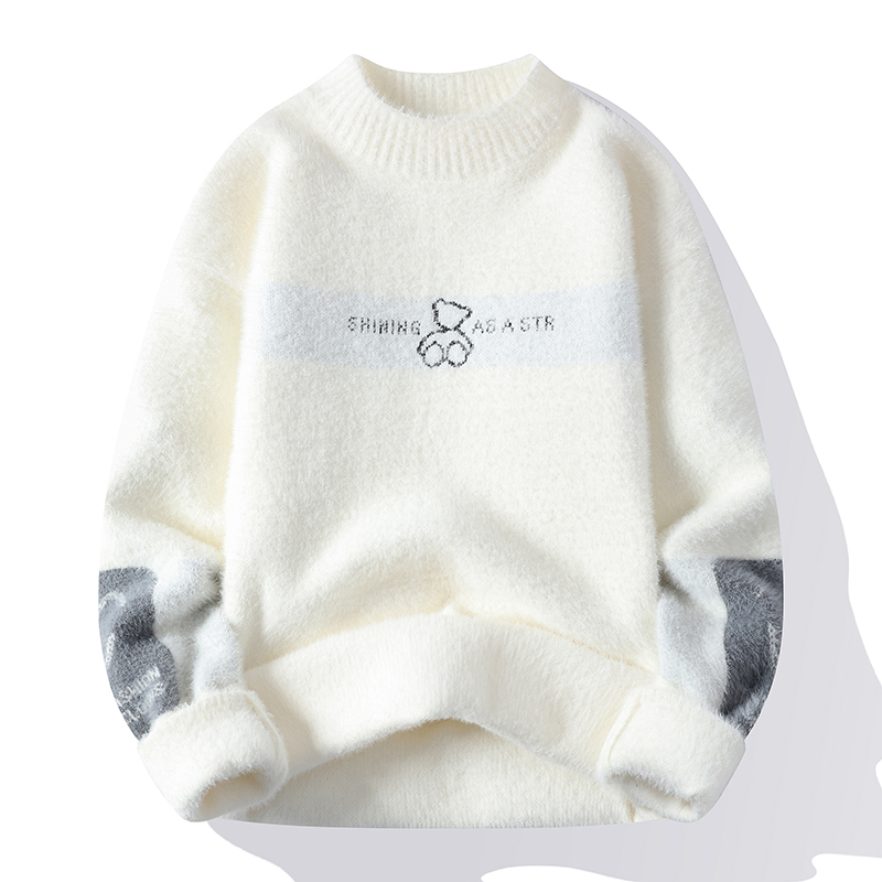 Half Turtleneck Sweater for Men in Autumn and Winter, Fleece-Lined and Thickened with Mink Velvet, Suitable for Teenagers and Students, Warm Knitted Wool Sweater