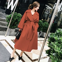 Thu đông 2018 phiên bản Hàn Quốc của các quý cô khí chất đỏ lỏng thắt eo thắt lưng dài phần áo len lông cừu nữ áo măng tô kaki nữ dáng dài