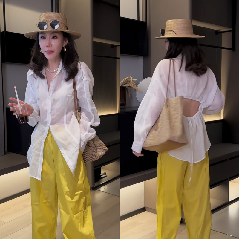 Minimalist Style Solid Color Backless Sun Protection Shirt for Women, Summer Thin Loose Design Long-Sleeve Top