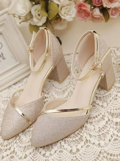 单鞋女2022春秋新款亮片婚鞋气质时尚小众款女粗跟单鞋伴娘高跟鞋