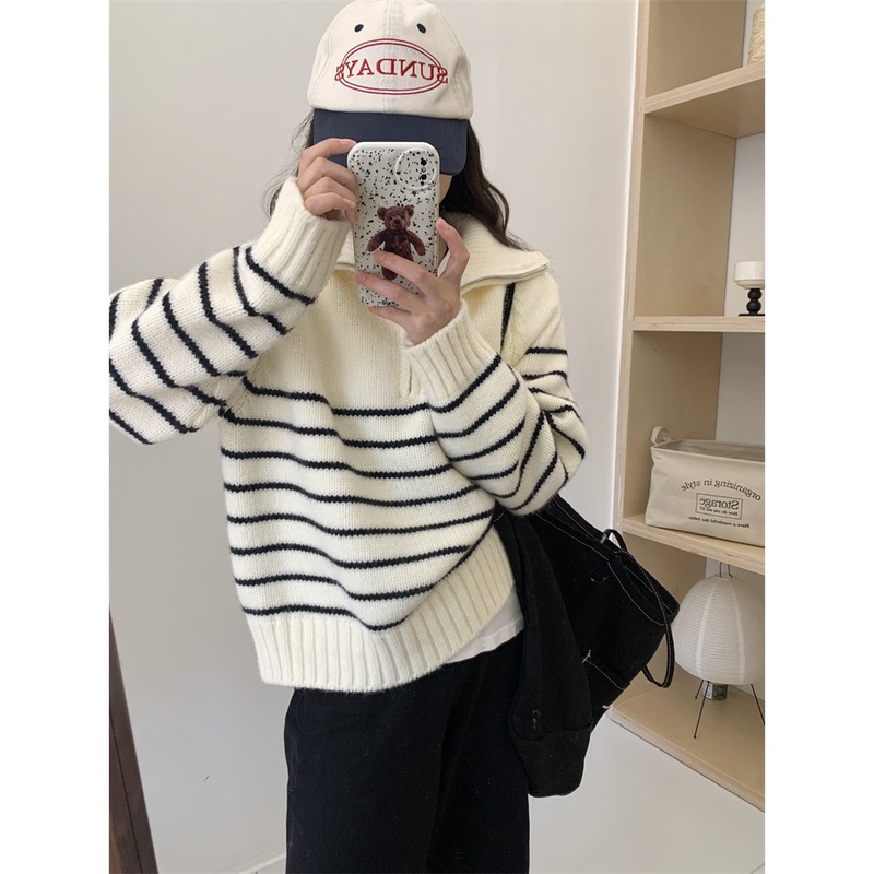 Half-Zip Lapel Sweater for Women, Korean Style, Niche Striped Loose Fit, Autumn and Winter Long-Sleeve Pullover Knit Top, Trendy