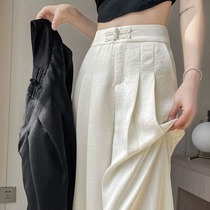 Italian haute mulberry silk wide-leg summer trousers for women new Chinese style buttoned silk high-waisted straight trousers
