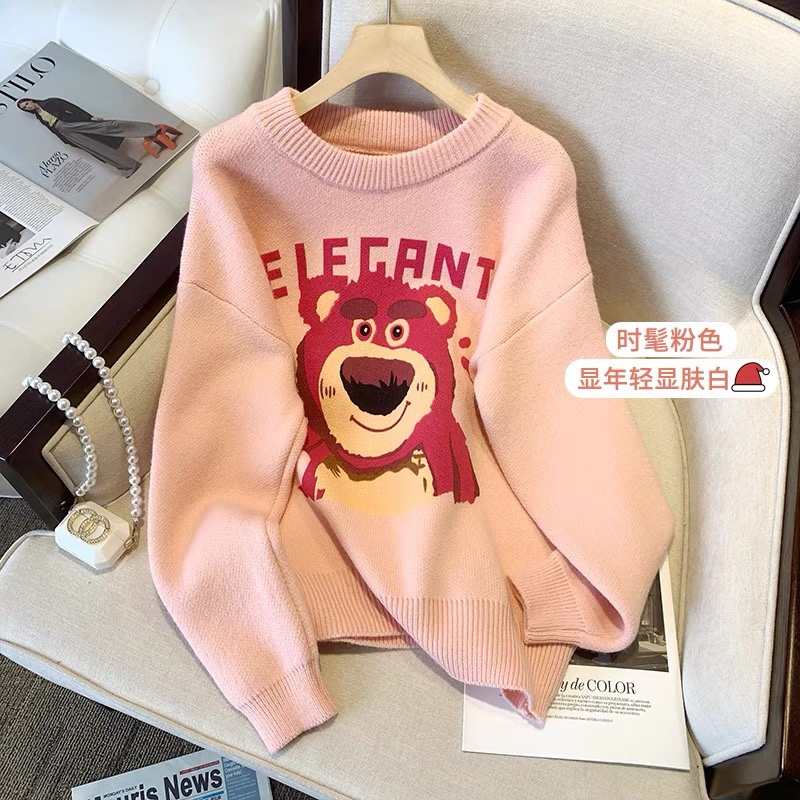 Italian Brand Cut-Label Women's Clothing, Big-Name Fufu Cartoon Strawberry Bear Round-Neck Sweater Jacket, Women's Thick Base Layer Top