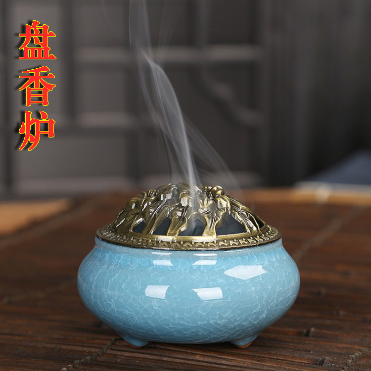 Buddha's ceramic aroma stove copper cover with antique alloy line lumpoo fragrance dish fragrance kiln changed