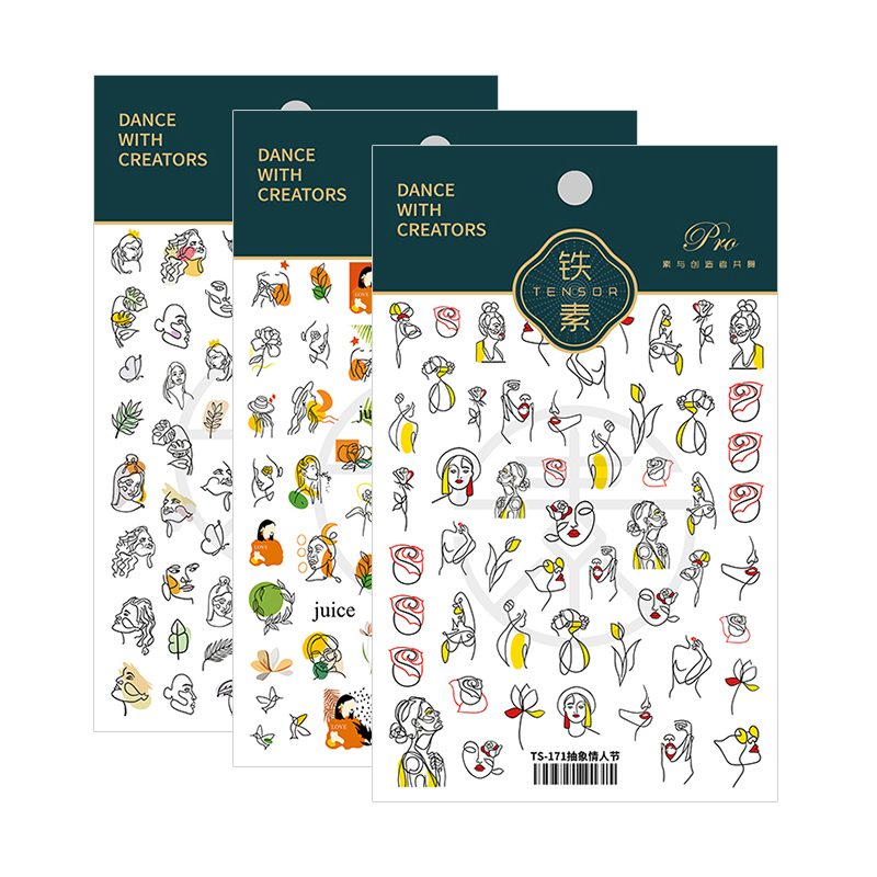New Technology Iron-Based Ts Thin Adhesive-Backed Nail Stickers, Abstract Line Drawing Human Portraits and Leaf Nail Decals