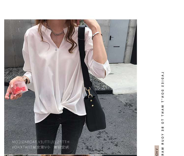 Mùa thu nữ 2019 mới đơn giản khí chất áo voan nữ sơ mi dài tay rộng rãi áo sơ mi cổ lọ đáy thủy triều - Cộng với kích thước quần áo áo phao lông vũ nữ