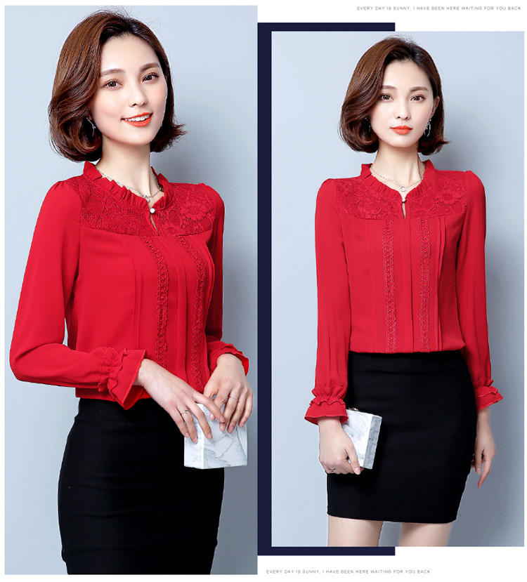 6911 # Áo voan nữ dài tay 2017 xuân hè mới Hàn Quốc nữ cao cổ áo sơ mi rộng rãi ren ren - Áo sơ mi chiffon ren áo sơ mi nữ hàn quốc