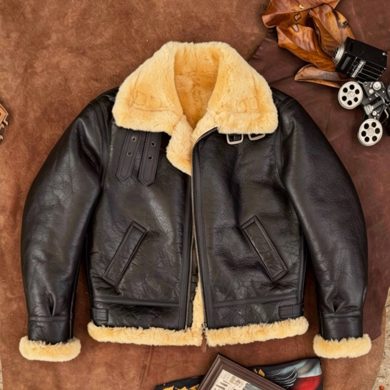 Winter Waxed Vintage B3 Original Merino Sheepskin Integrated Genuine Leather Jacket for Men, Motorcycle Cold-Proof Leather Jacket Winter Waxed Vintage B3 Original Merino Sheepskin Integrated Genuine Leather Jacket for Men, Motorcycle Cold-Proof Leather Jacket