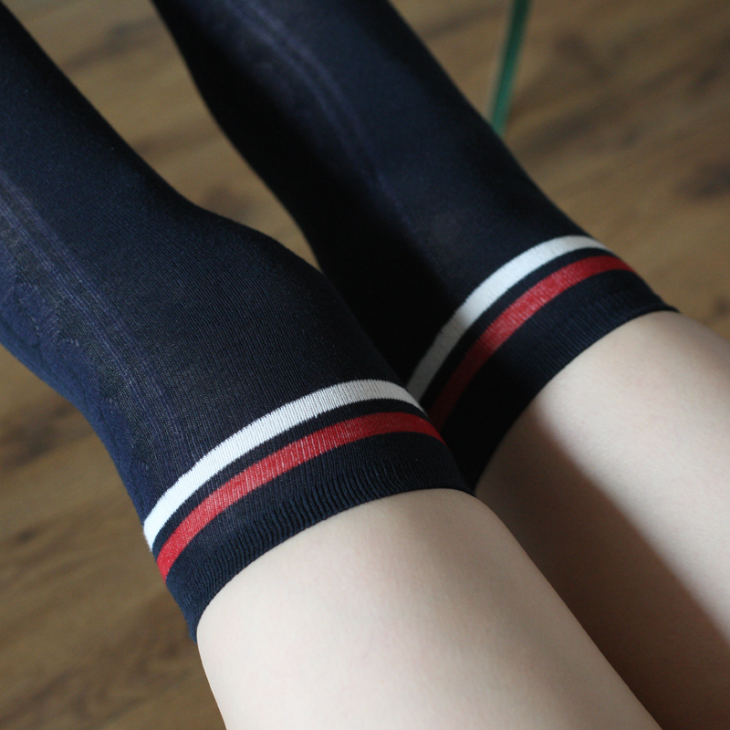 Two or three bars over a knee hidden Cyan Twist High Cylinder Socks Long Cylinder Pure Cotton Women Socks Deep Blue Cheerleader Dance Uniform Socks