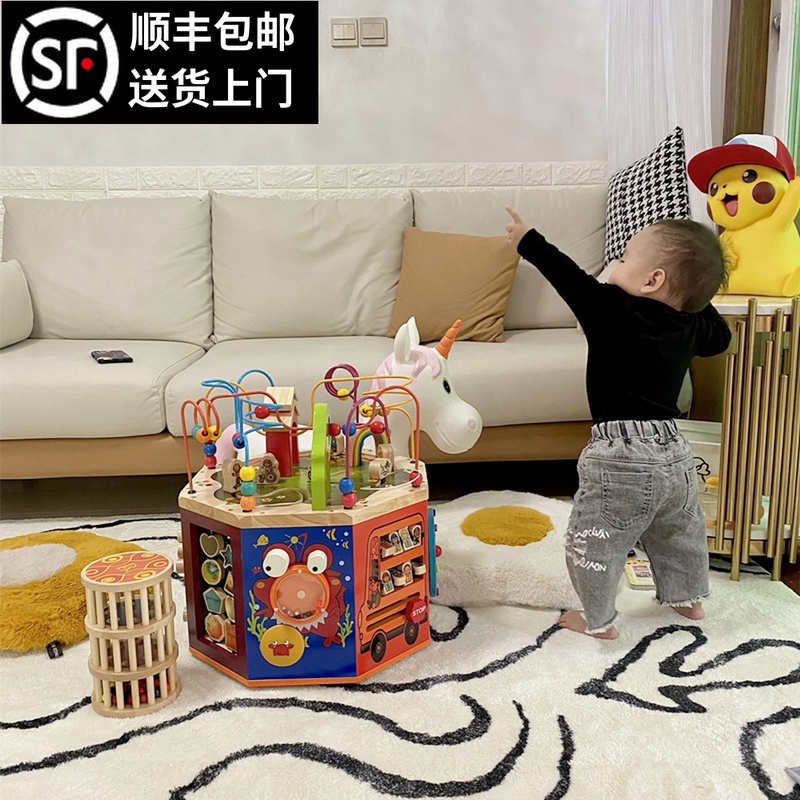 Baby boy baby boy 1-2-3 years old teaching multifunctional string of wrap pearl Baobao box hexahedron Puzzle Toy Wooden