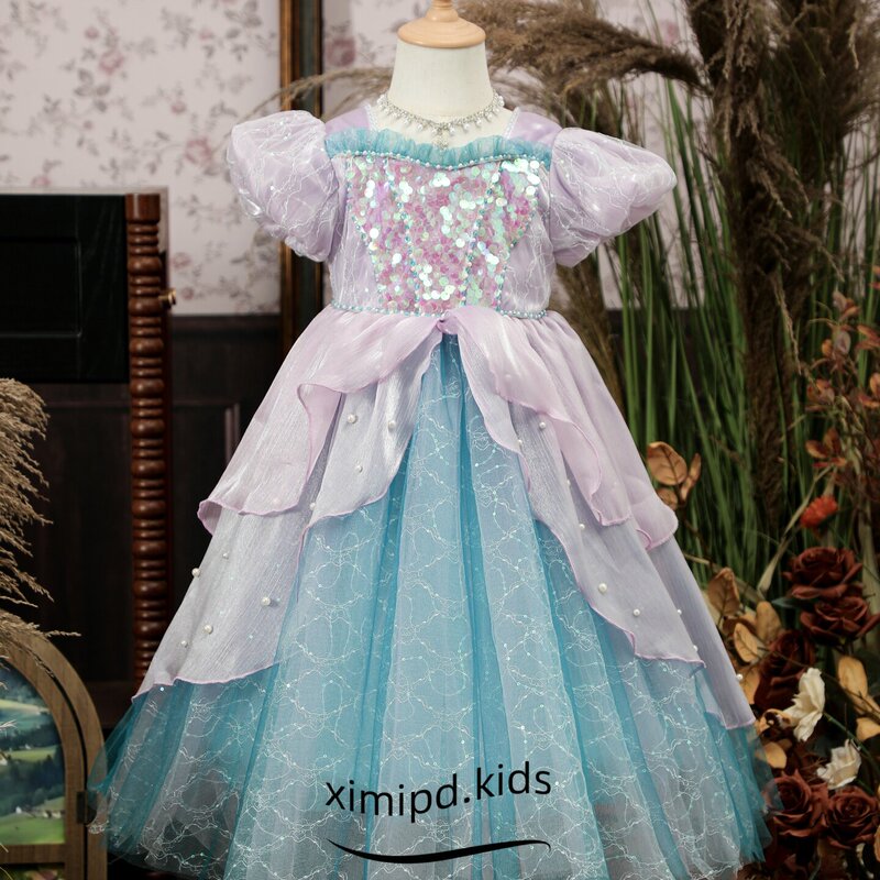 Original Aili Girls' Mermaid Princess Dress Short-Sleeved Birthday Dress Purple Dress Mesh Tutu Skirt Summer