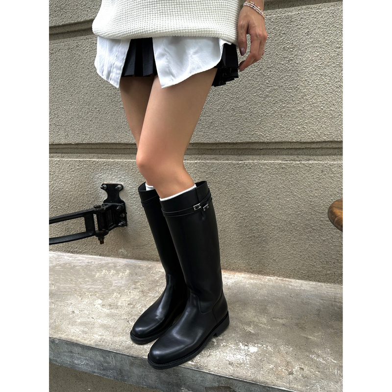 High-Top Knight Boots for Women, 2025 Autumn and Winter New Style, Chunky Heel, Wide Shaft, Thick Sole, Slimming, Genuine Leather, Over-The-Knee Boots