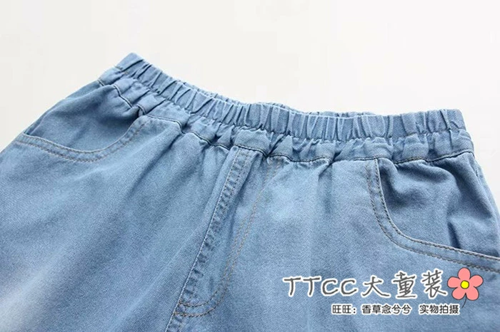 Lớn trẻ em mùa hè của phụ nữ jeans 12-15 tuổi sinh viên lỏng chặt chẽ eo quần short cô gái béo kích thước lớn mỏng quần nóng