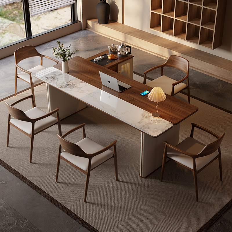 Solid Wood Slate Coffee Table for Living Room, Suitable for Small Apartments, Simple and Luxurious with a High-End Feel, Office Kettle Integrated Tea Table