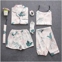 7-piece suit pajamas womens summer ice silk seven-piece spring and autumn simulation silk long-sleeved suspender shorts four-piece home