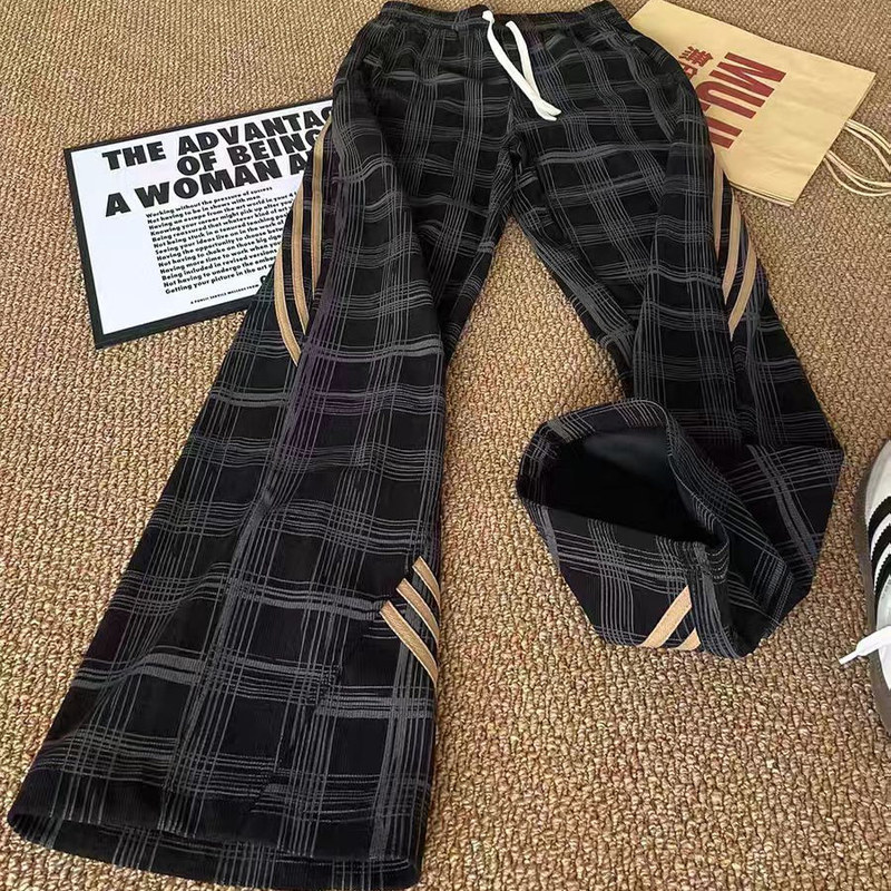 Spring, Autumn, and Summer Thin American-Style Wide-Leg Pants, Extra Large Size 150kg Slimming High-Waisted Three-Stripe Plaid Casual Pants Sweatpants