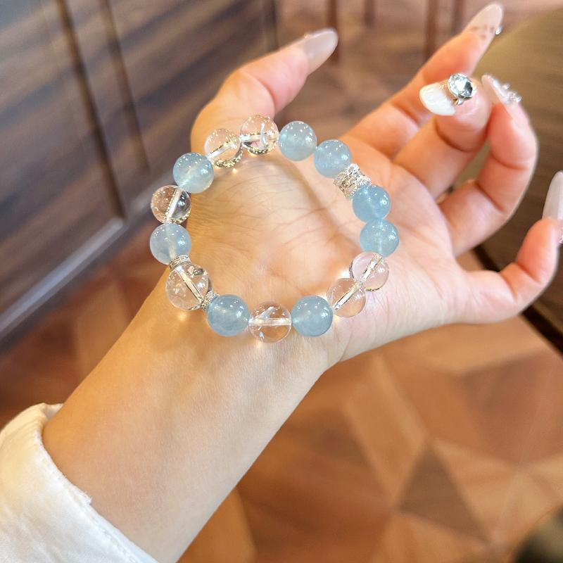 White Crystal Bracelet, Aquamarine, Pure and Highly Transparent Natural Crystal Bracelet for Women, Blue Niche High-End Gift for Good Luck