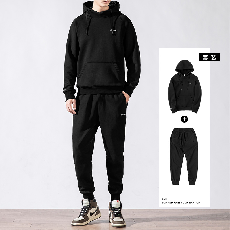 Sweater suit men's autumn and winter new sports hooded pullover trend two-piece plus velvet thick casual jacket