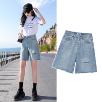 Hole five-point jeans womens high waist thin shorts 2021 summer new loose straight pants cycling pants