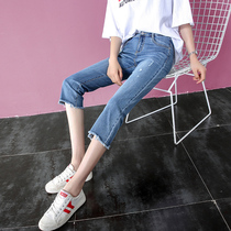Hole seven-point straight jeans womens summer Korean version slim pants thin loose thin section 2021 summer new trend