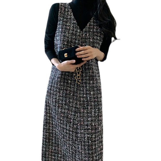 秋冬装大V领长裙小香风毛呢背心裙大码女装宽松中长款无袖连衣裙