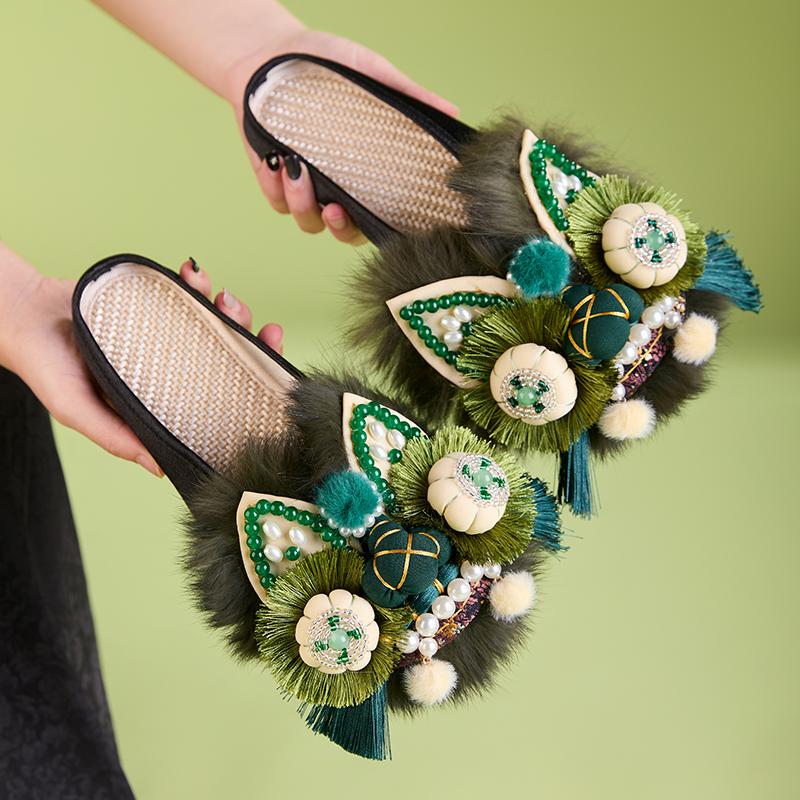 Tiger Head Shoes for Women, Adult Spring and Summer Soft-Soled Indoor and Outdoor Green Traditional Chinese Style Closed-Toe Half-Slippers, Intangible Cultural Heritage Hand-Embroidered Shoes