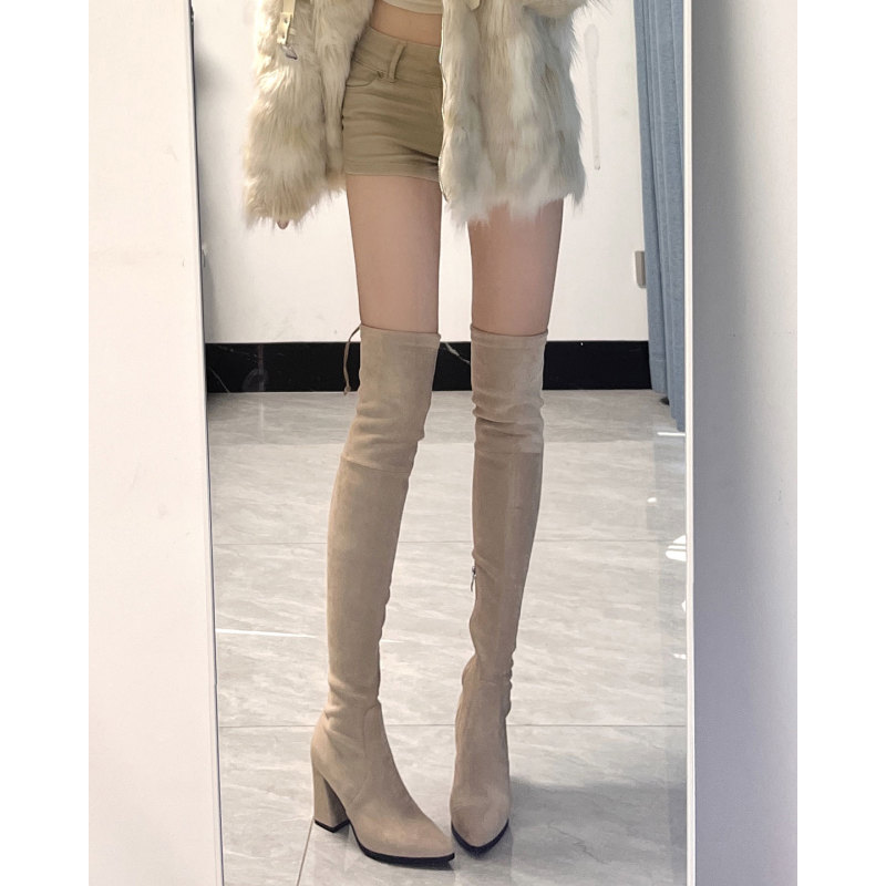 Godelin Chunky Heel High-Heeled Stretchy Slimming Over-The-Knee Boots for Women, Pointed Toe, Apricot Color, Side Zipper, Petite Slim Boots