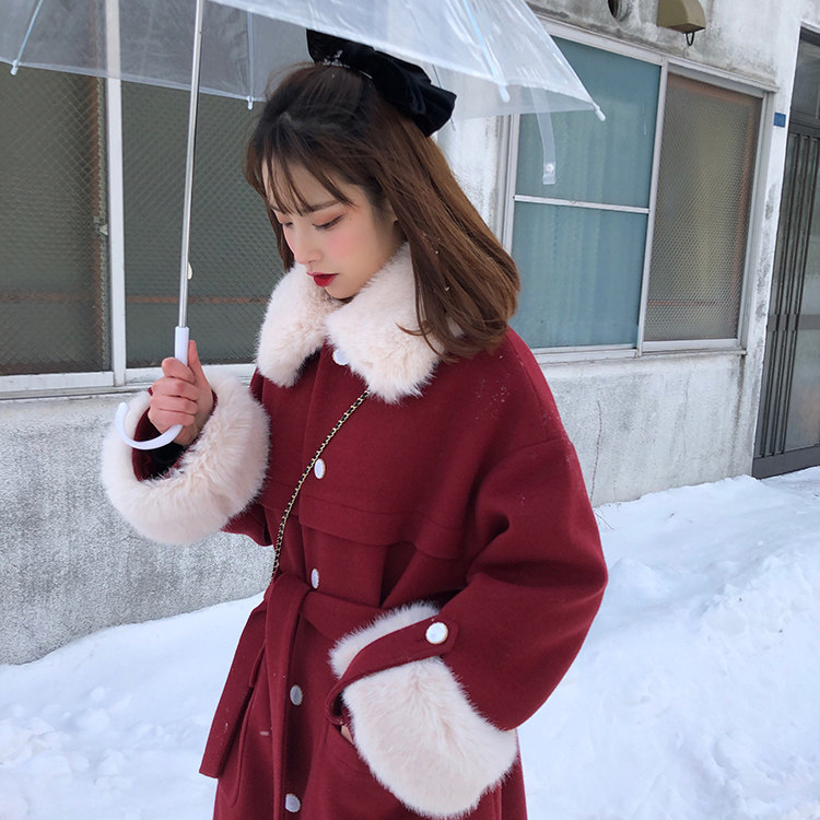The winter fur coat with a small sub-Korean version easy to thicken the Hepburn red Herbenwind red Herbene coat-Taobao