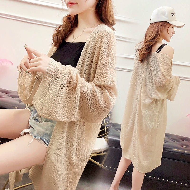 Thin air-conditioned cardigan summer women's college lazy style Korean version loose student knitted jacket mid-length version of the sun protection clothing