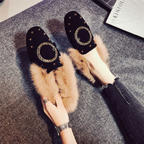 Winter fur shoes women wear 2018 new womens shoes Korean version of Joker flat and velvet single shoes winter Net Red Bean shoes