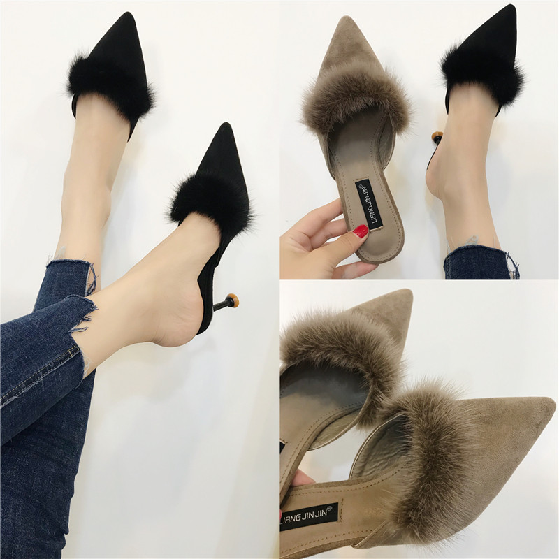 2018 new autumn ferrets wool slippers female outwear pointed Baotou 100 lap heel high heel sloth half slippers