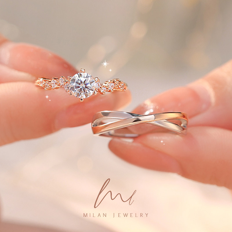 Mosandrill Ring Couple Pair Pure Silver Wedding to Ring Wedding Ring Emulation Drilling for Wedding Engagement Ritual with-Taobao