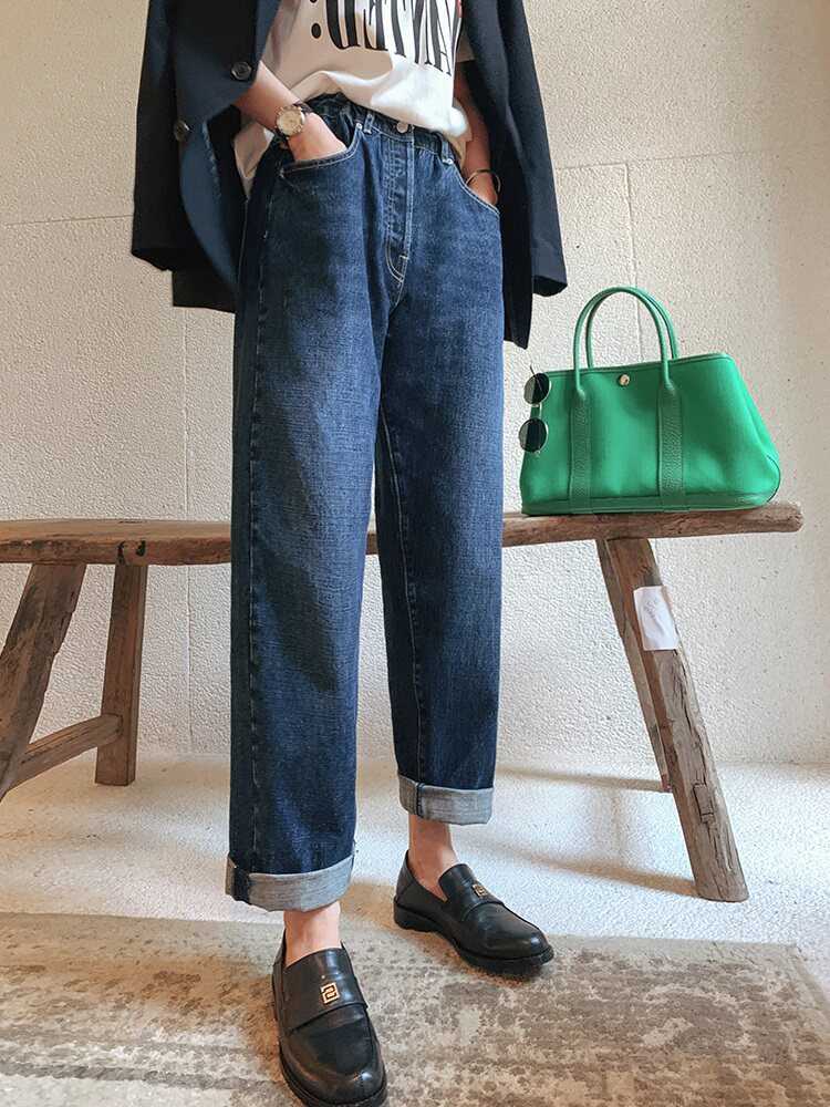 Design sense elastic waist dark blue jeans women's 2021 autumn Hong Kong style retro loose and thin straight trousers