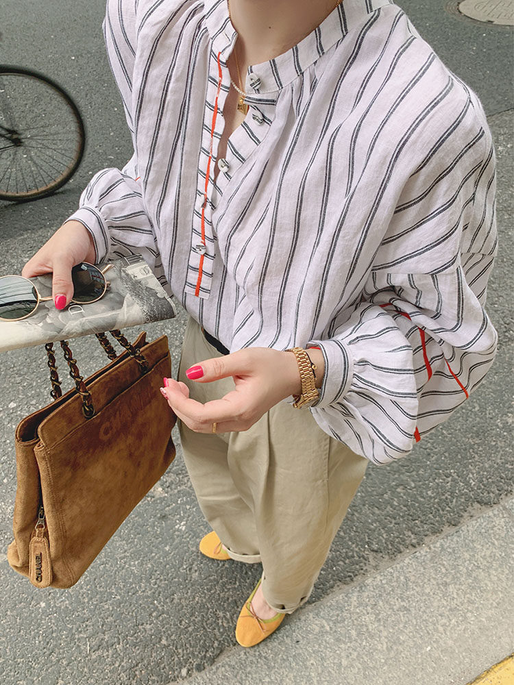 Design sense lantern sleeve loose striped shirt women's autumn French linen contrast color embroidery all-match long-sleeved top