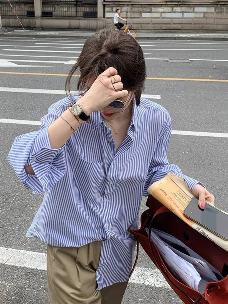 Blue striped shirt shirt 2021 Spring and Autumn Han edition lazy wind base with loose sleeve shirt
