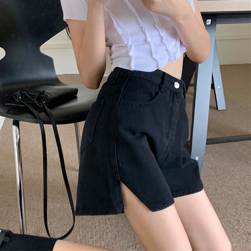 Fat sister personality cool high waist jeans shorts female summer thin large size loose thin high waist open fork trousers