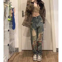 2022 Pop Pants Breaking Holes Straight Barrel Pants Women Ins Tide Pears Type Slim Fit Slim Big Size Loose skinny jeans