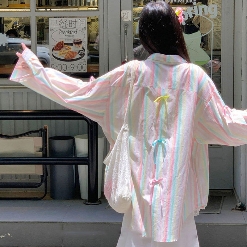 Dopamine Sweet Rainbow Striped Sun Protection Shirt Jacket for Women Summer Seaside Vacation Style Bow Loose Shirt