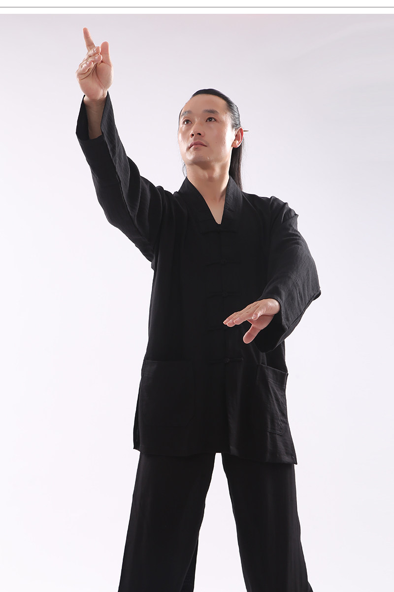 форма для Тай-Чи 三宝领武当道服蚕丝麻道士服装中国风男女士道袍道衣太极服春夏秋