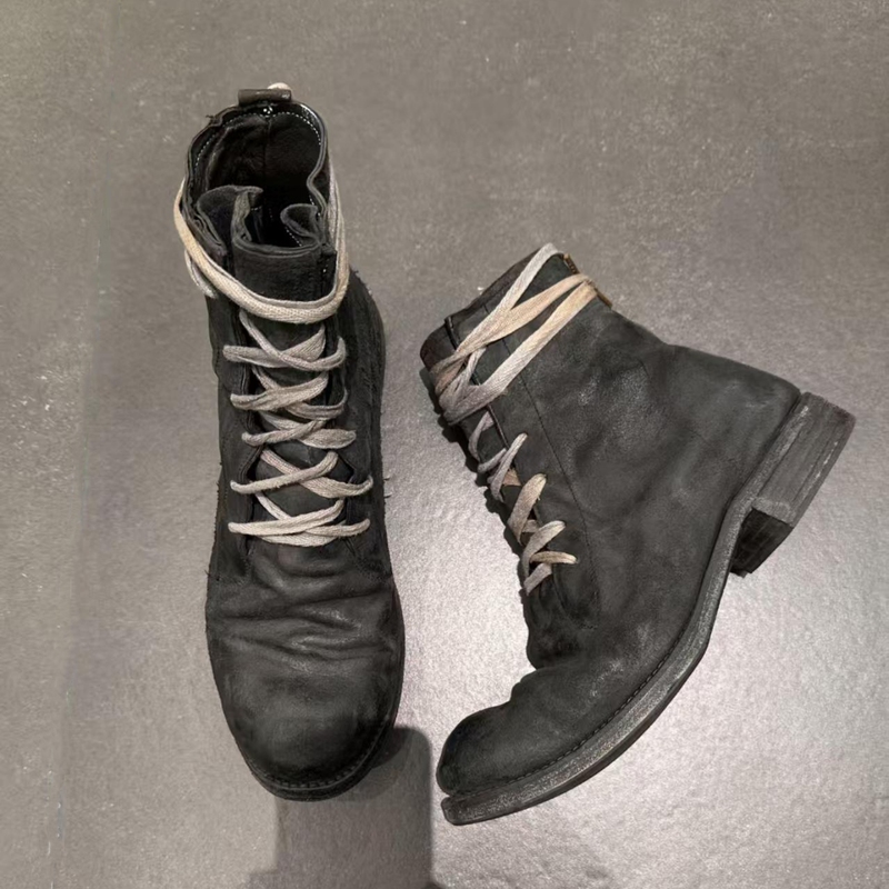 Black Vintage Soft Leather Pleated White Lace-Up Martin Boots for Men, Chunky Heel, Retro Boots with Lace Wrapping, Round Toe Biker Boots Black Vintage Soft Leather Pleated White Lace-Up Martin Boots for Men, Chunky Heel, Retro Boots with Lace Wrapping, Round Toe Biker Boots