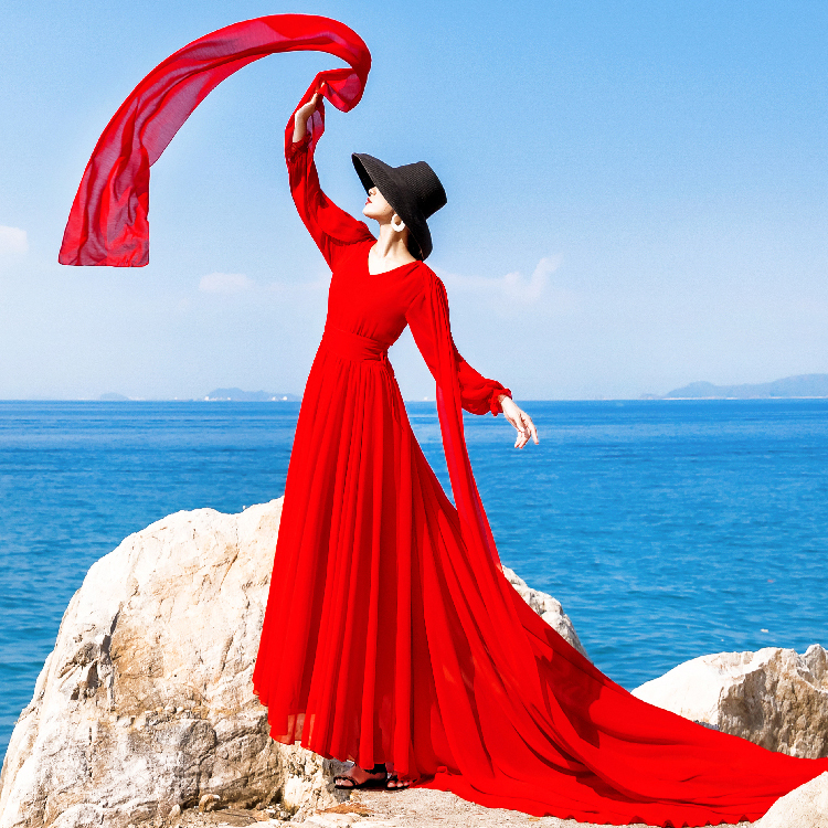 Sanya Qinghai Beach Dress, Super Fairy-Like Seaside Vacation Annual Party Dress, Red Long Train Desert Dress, Flowing and Elegant for Photoshoots