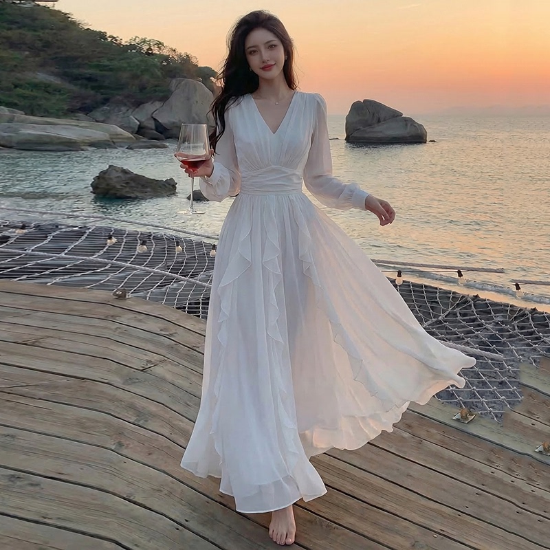 Spring and Summer High-End Women's Long-Sleeved Long Dress, Elegant Waist-Cinching Seaside Vacation Long Dress, Formal Dress, Beach Dress Spring and Summer High-End Women's Long-Sleeved Long Dress, Elegant Waist-Cinching Seaside Vacation Long Dress, Formal Dress, Beach Dress