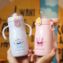 Baby thermos cup with straw type children go out to carry drinking cups anti-fall stainless steel childrens kindergarten bottle