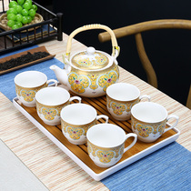 Enamel color beam pot Kung Fu tea set Gift vintage simple teapot teacup Household ceramic set tray
