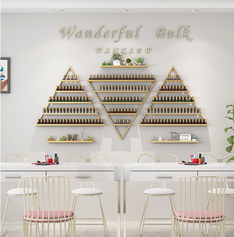 ins gold nail art shelf Wall-mounted nail polish display rack Wall triangle nail oil glue shelf shelf Wrought iron