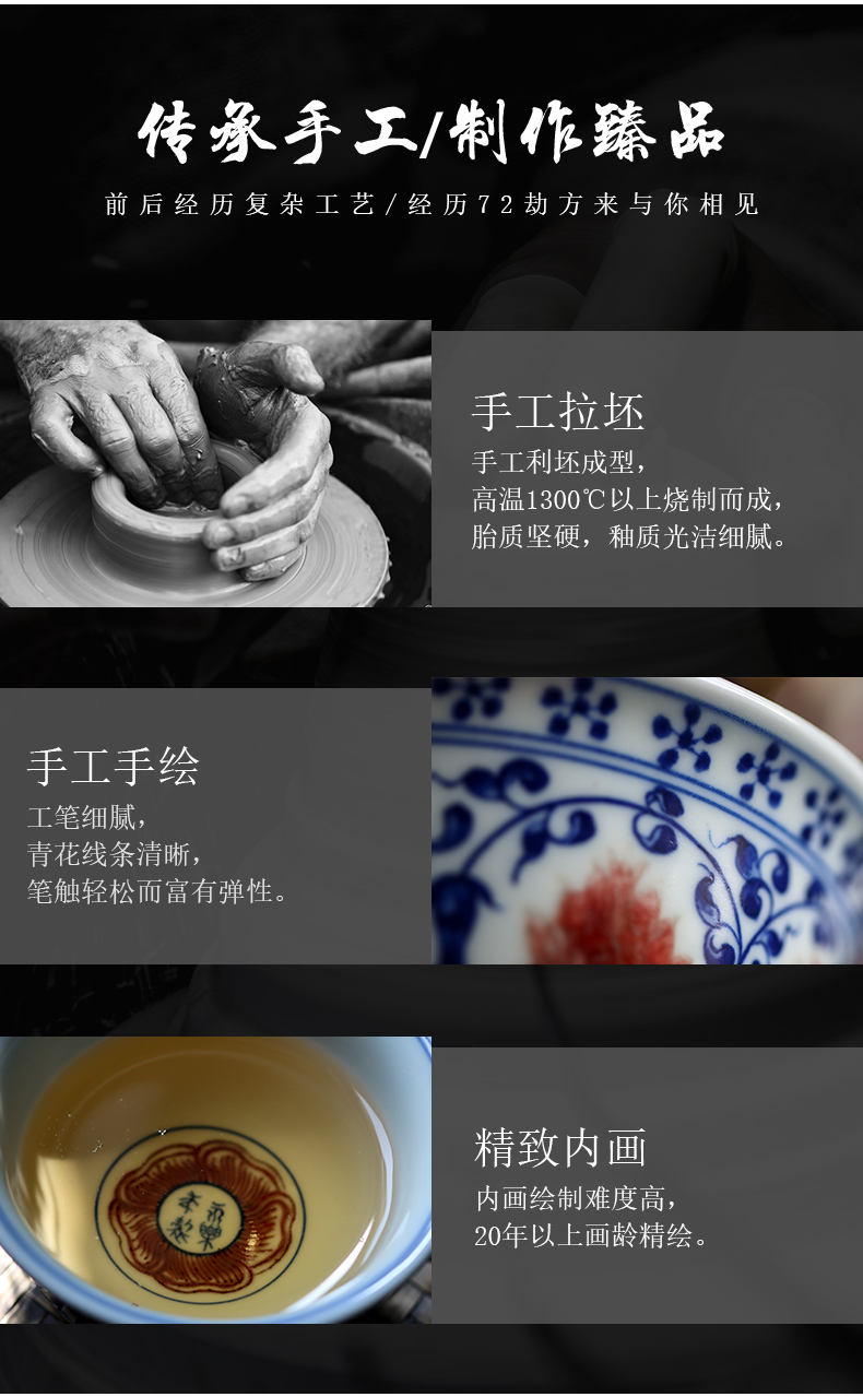 Blue youligong spends pressure hand of jingdezhen pure manual master cup kung fu teacups hand - made ceramic bowl