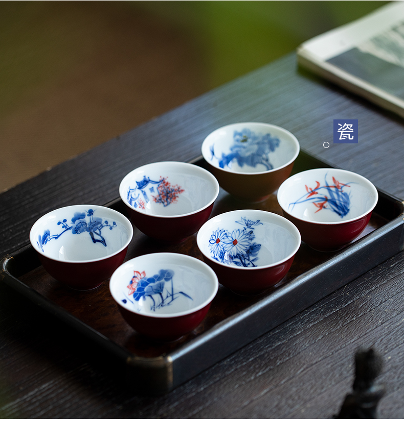 Jingdezhen blue and white sample tea cup ji red glaze hand - made the master sample tea cup cup freehand brushwork in traditional Chinese kung fu tea cup ruby red glaze